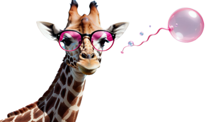  me blowing bubble gum finalized bubble assisted ai glasses giraffe aring photoshop pink animal fun art colourful illustration colours joy giraffe goggles funny character animal fun art colourful