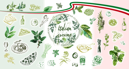 Gourmet Italian food set - Italy, vector design of typical foods of mediterranean cuisine. Herbs of italian cuisine with elements of food such as pizza, pasta, antipasti and vegetables.