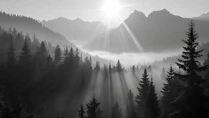 Foggy pine forest view in the morning black and white photo