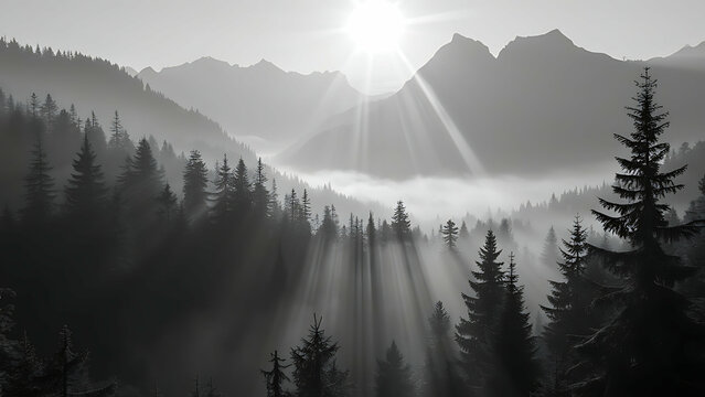 Fototapeta Foggy pine forest view in the morning black and white photo