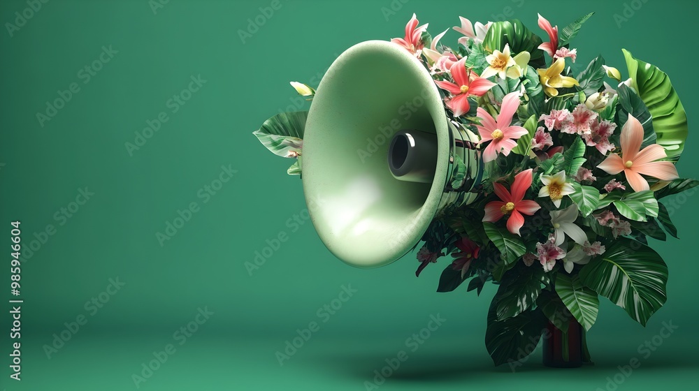 Poster a captivating 3d portrays a megaphone covered in a stunning display of blooming orchids and philoden