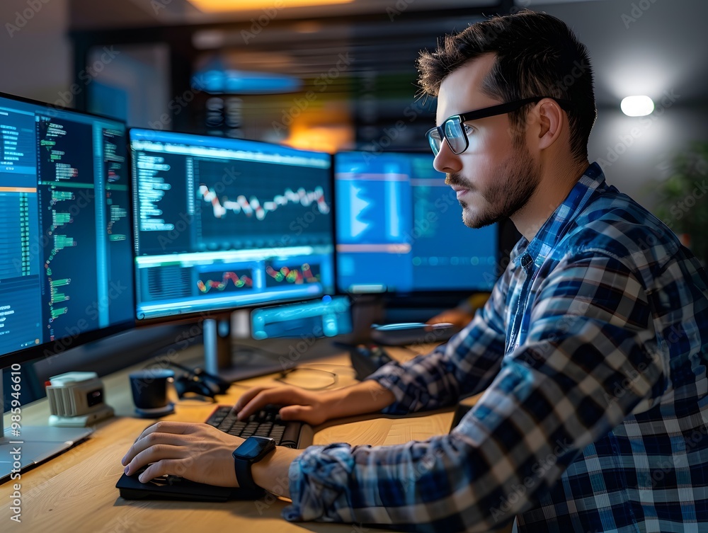 Poster a focused professional analyzes data on multiple screens in a modern office environment, showcasing 