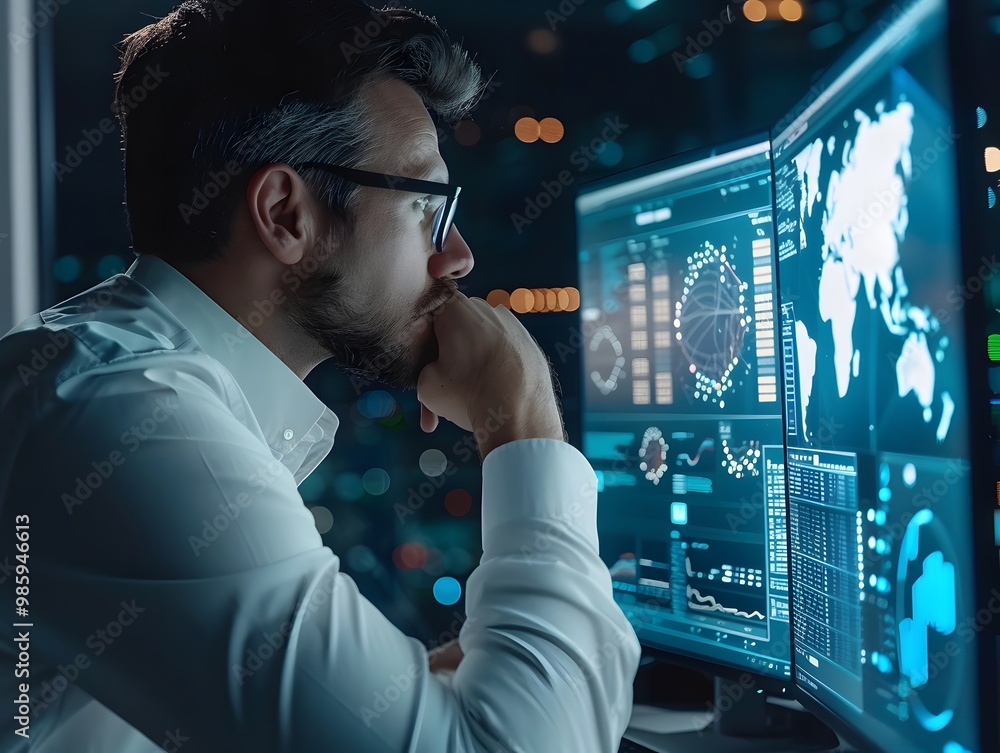Poster a focused professional analyzing data on multiple screens in a dimly lit environment, exemplifying m