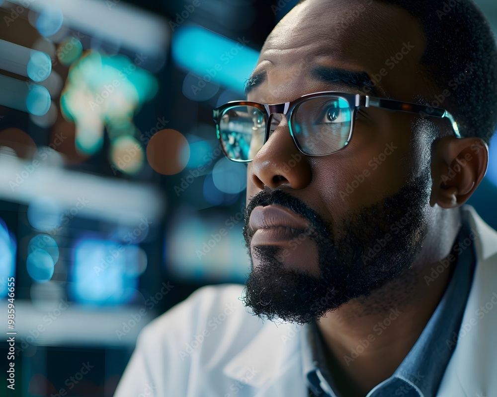 Poster a focused scientist in a lab coat contemplates data analysis, surrounded by advanced technology and 