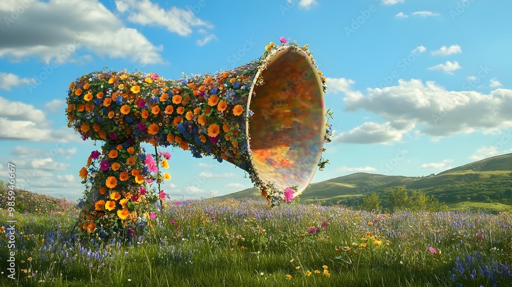 Poster a captivating 3d portrays a megaphone covered in a vibrant display of climbing wildflowers set again