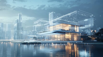 Futuristic architectural design featuring a modern glass building by the water, showcasing advanced construction techniques and innovative urban planning.