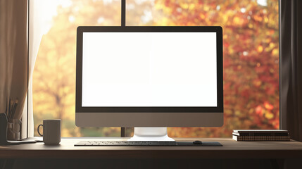 Computer Mockup screen and a cup on a table , the template features a computer blank white screen on day light in autumn . 