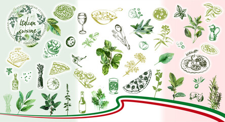 Gourmet Italian food set - Italy, vector design of typical foods of mediterranean cuisine. Herbs of italian cuisine with elements of food such as pizza, pasta, antipasti and vegetables.