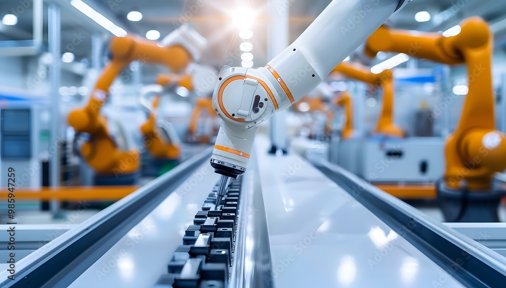 Poster a robotic arm efficiently handling products on an automated production line in a modern factory sett