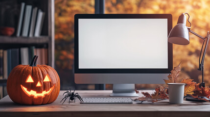 Computer Mockup screen and a cup on a table , the template features a computer blank white screen on Halloween day. 