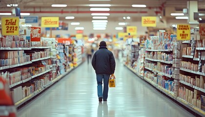 A shopper walks down an aisle in a grocery store, surrounded by shelves filled with various products and colorful signage.