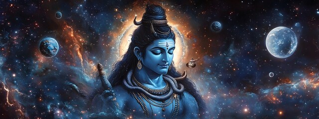 A captivating digital painting portraying the divine figure of Lord Shiva immersed in a cosmic setting surrounded by a mesmerizing display of swirling stars planets and celestial bodies