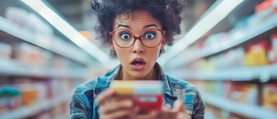 A surprised woman in a grocery store, reacting to a product she is holding, showcasing genuine astonishment and curiosity.