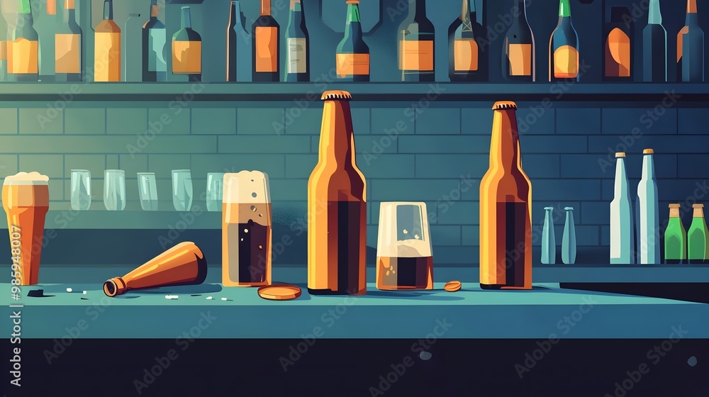 Poster a closeup shot of abandoned beer bottles and glasses on a dimly lit bar counter creating a post part