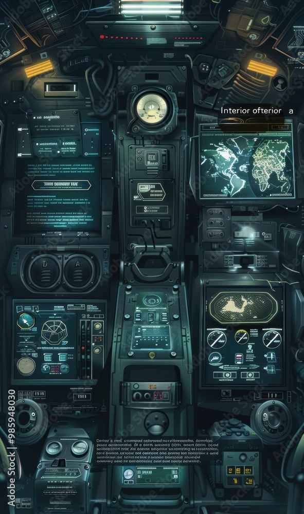Poster futuristic spaceship cockpit interior with head up display showing world map