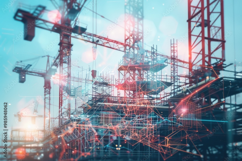 Poster double exposure engineering with tablet computer on construction cranes.