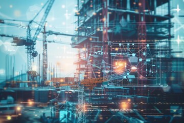 Double exposure engineering with tablet laptop and construction cranes.