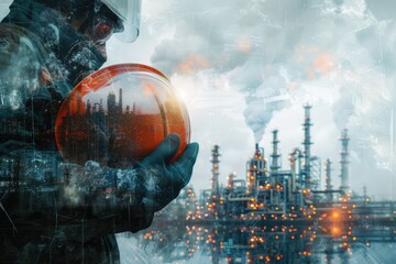 Engineers with safety gear at oil refinery site.