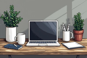Minimalistic office clip art featuring laptops coffee mugs notepads pens in clean monochromatic lines perfect for business presentations websites or productivity apps