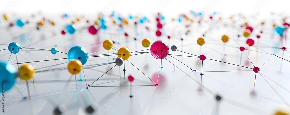 Poster abstract representation of a connecting network of colorful nodes and links, symbolizing data, commu