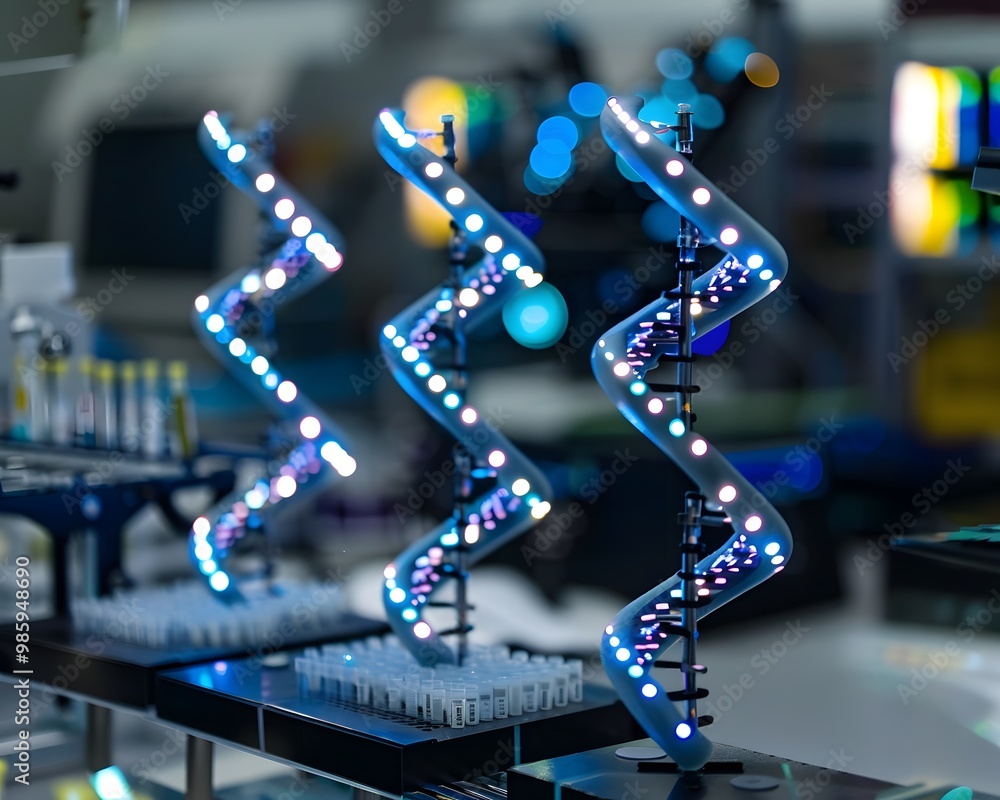 Poster abstract representation of dna structure illuminated with led lights in a laboratory setting showcas