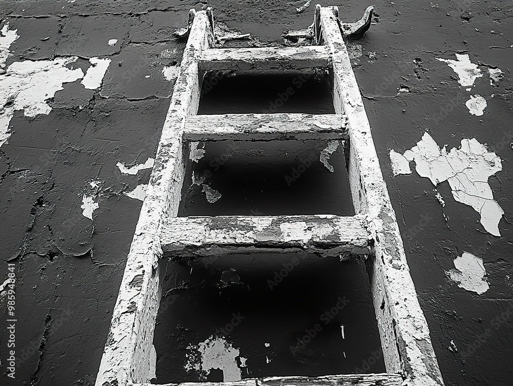 Canvas Prints Weathered Wooden Ladder Against a Black and White Wall