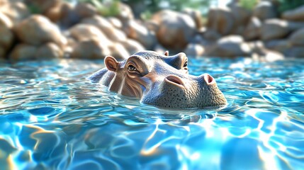 Fototapeta premium A close-up view of a hippo submerged in clear blue water, surrounded by smooth rocks, showcasing its graceful presence in nature.