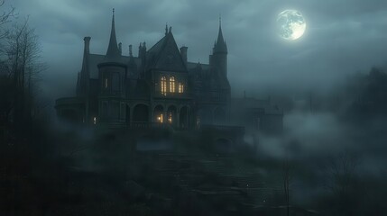 haunting moonlit mansion shrouded in eerie mist gothic architecture with twisted spires ghostly aura pervading overgrown grounds perfect for horror ambiance