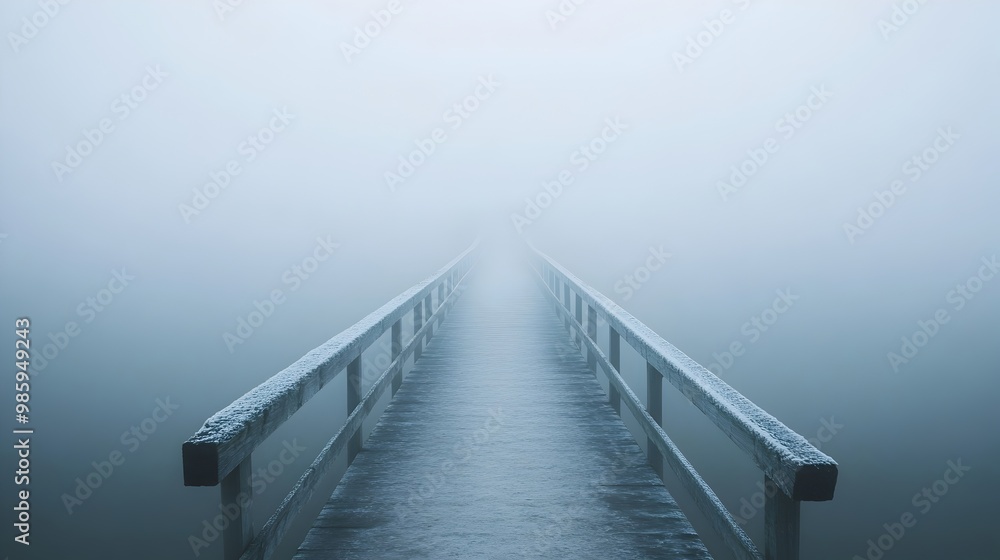 Poster a fog covered bridge stretches out into the vast unknowable expanse creating a sense of mystery and 
