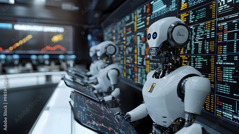 Poster a futuristic holographic trading floor where advanced robots analyze real time data leveraging cutti