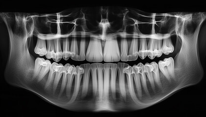 A full panoramic image showing all teeth of the upper and lower jaws. The teeth are shown in a detailed X-ray image