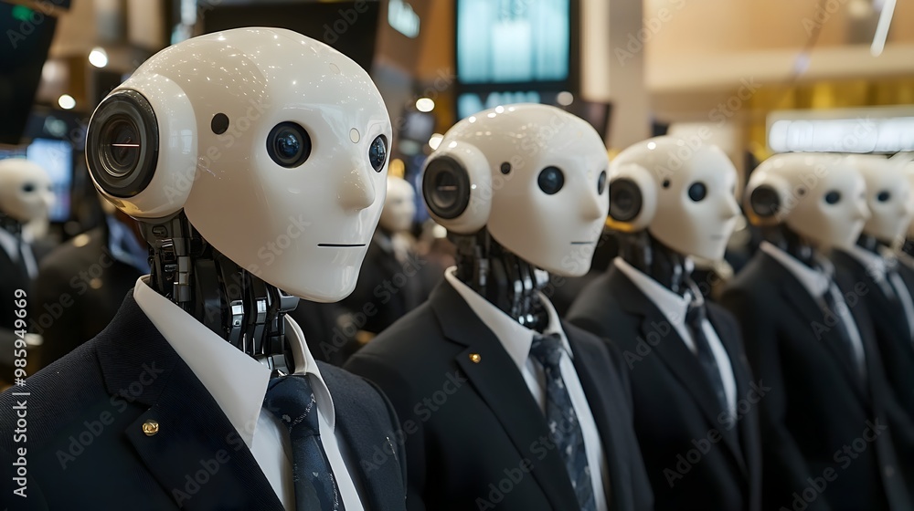 Poster a group of sophisticated robot figures dressed in business attire symbolizing the potential of intel