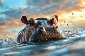 Fototapeta premium A majestic hippo emerges from the water at sunset, showcasing its powerful presence against a stunning sky backdrop.