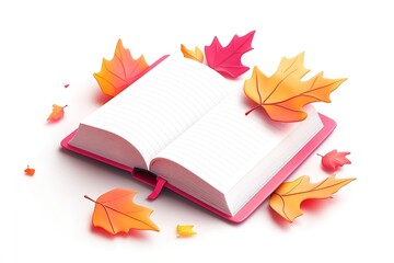 Open book in autumn leaves. Vintage style book illustration for design, print or background. Watercolor education, school design
