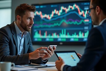 Cheerful two stock exchange traders raising fist up for digital currency achievement focusing on dynamic data background. Successful investors earning high profit analyzed by market graph. Sellable.
