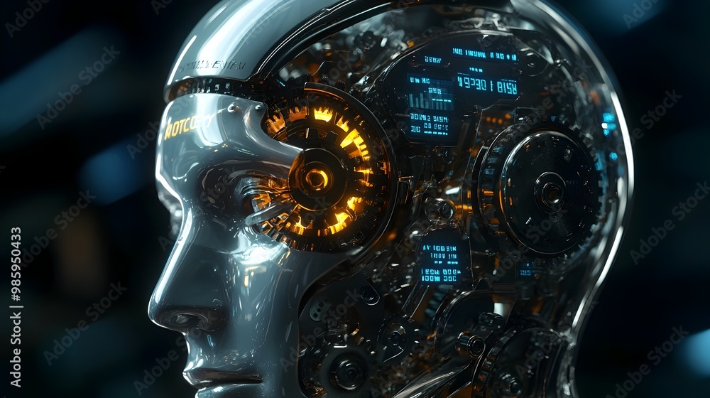 Poster a mechanical robotic head with intricate gears and processors analyzing real time data and financial