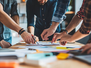 Obraz premium A team of professionals collaborating on a project at a table.