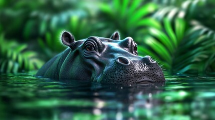 Fototapeta premium A serene hippo emerging from calm waters, surrounded by lush foliage, showcasing the beauty of wildlife in a vibrant ecosystem.