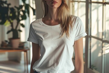 Fototapeta premium A woman stands in front of a window, wearing a white shirt