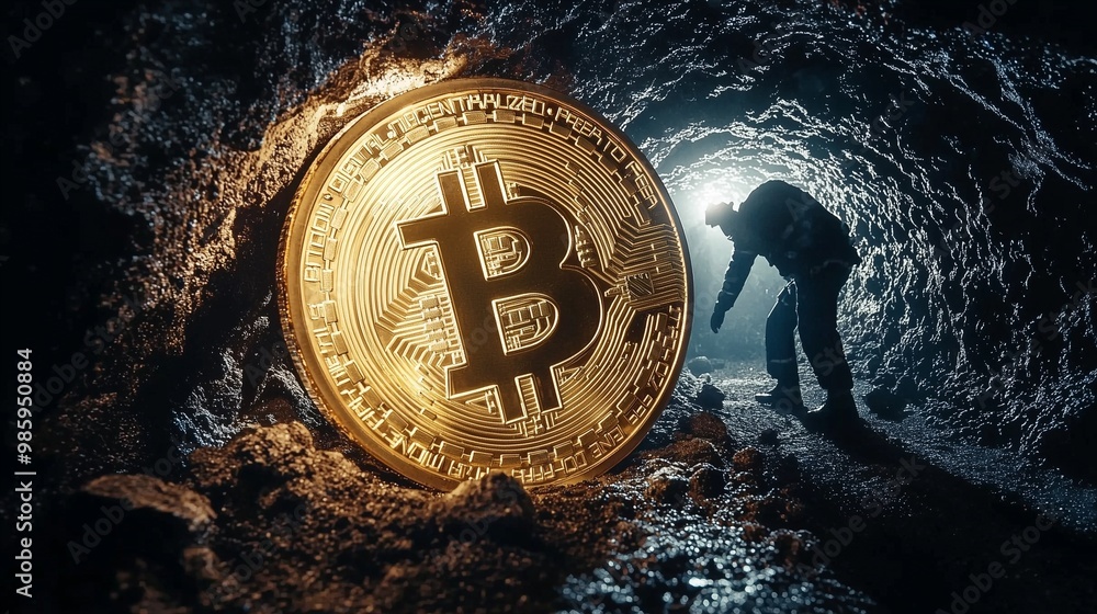 Poster a giant bitcoin symbol in a dark tunnel with a miner, representing bitcoin mining.