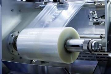 roll of plastic packaging film on the automatic packing machine in food product factory. industrial and technology concept.