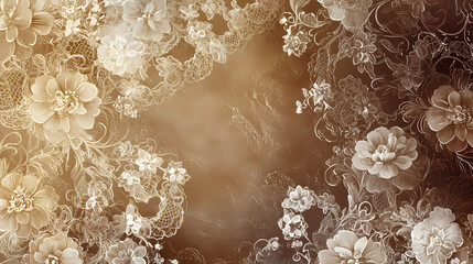 Textured abstract beige color lace background with floral motifs top view on dark background. Victorian Gowns. Illustration