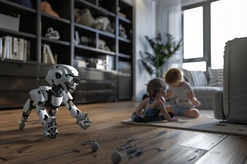 Obraz premium Innovative robot dog interacts with children in a cozy living room. This image captures future technology blending with family life. Playful moments await. Generative AI