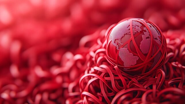 A striking red globe surrounded by vibrant red ribbons, symbolizing global connection and creativity in design.