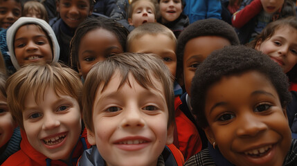 Fototapeta premium Diverse children joyfully assembled for a camera moment, celebrating harmony and unity.