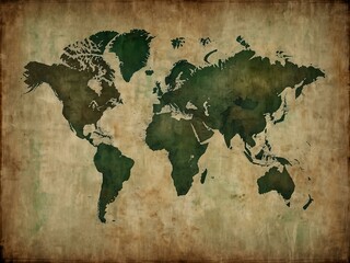 Faded green world map on rough, aged paper, with continents inked in hues of money.