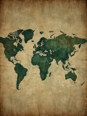 Faded green world map on rough, aged paper, with continents inked in hues of money.