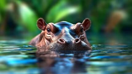 Fototapeta premium Close-up view of a hippo gracefully swimming in a serene pond, surrounded by lush greenery and calm waters.