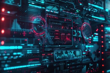 Obraz premium A close-up of a computer screen displaying a colorful display of red and blue LED lights