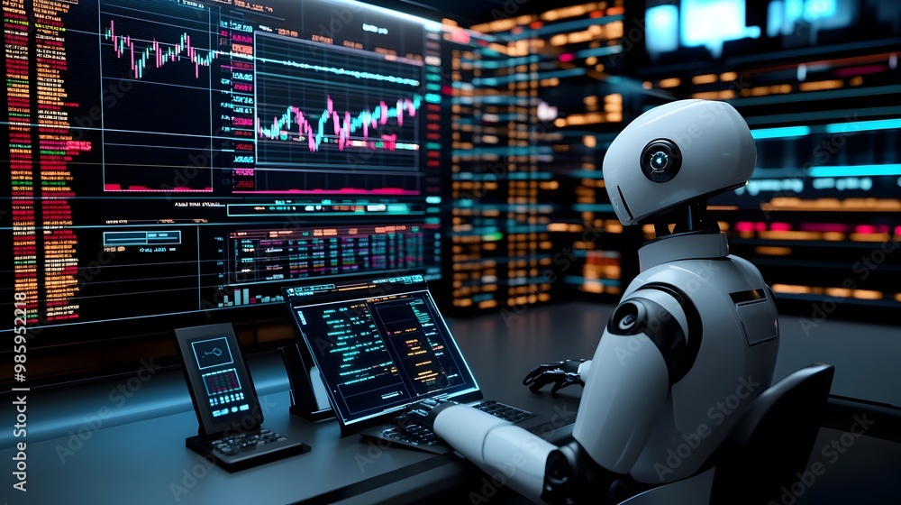 Poster a robotic figure sits at a high tech trading desk analyzing complex graphs and market data displayed